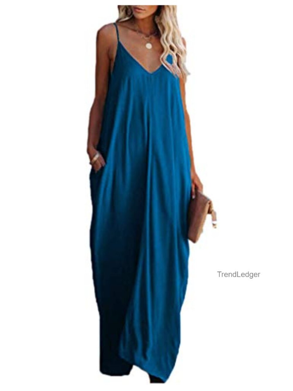 Women's Sleeveless V-Neck Maxi Beach Dress with Pockets